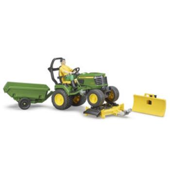 Bruder BWORLD John Deere Fűnyíró traktor pótkocsival és kertésszel kép