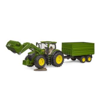 Bruder John Deere 7R 350 traktor homlokrakodóval és tandemtengelyes billenő pótkocsival kép
