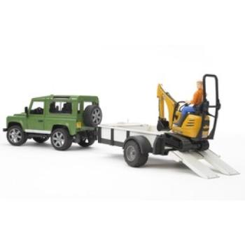 Bruder Land Rover Defender egytengelyes pótkocsi, JCB mikro kotrógép és munkás kép