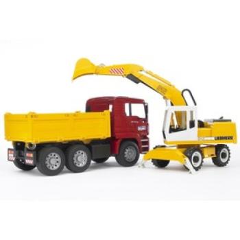 Bruder MAN TGA építőipari teherautó és Liebherr kotrógép kép