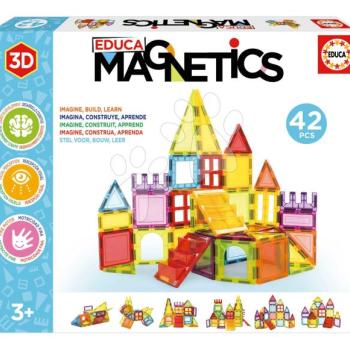 Építőjáték 3D mágneses közepes Magnetics Building Tiles Educa 42 színes átlátszó elem kép