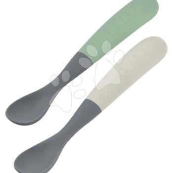 Ergonomikus kanalak 1st Age Silicone Spoons Mineral Grey Sage Green Beaba szilikonból önálló étkezéshez dobozban 2 drb 4 hó-tól kép