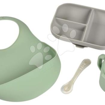 Étkezőgarnitúra Silicone Meal Essentials Set Beaba bögrével tányérral kanállal és előkével zöld-szürke 8 hó-tól kép