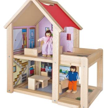 Fa babaház Doll's House Eichhorn komplett bútorokkal és 2 figurával 41 cm magas kép