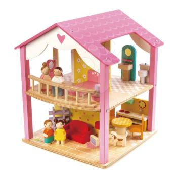 Fa babaház Pink Leaf House Tender Leaf Toys 22 részes forgatható teljes felszereléssel és 4 figurával kép