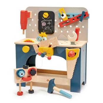 Fa barkácsműhely robottal Table top Tool Bench Tender Leaf Toys szerszámokkal és építőjátékkal kép