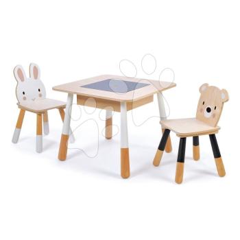 Fa gyerekbútor Forest table and Chairs Tender Leaf Toys asztal tárolórésszel és két kisszékkel mackó és nyuszi kép
