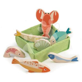 Fa halacskák és tenger gyümölcsei Fish Crate Tender Leaf Toys 7 darab textil kosárban kép