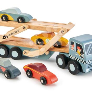 Fa kamion Car Transporter Tender Leaf Toys mozgatható platóval és 4 autóval kép