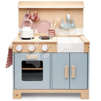 Fa konyhácska kenyérrel Home Kitchen Tender Leaf Toys teáskancsóval, csészékkel és edényekkel kép