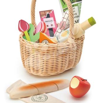 Fa kosár tulipánokkal Wicker Shopping Basket Tender Leaf Toys csokival limonádéval sajttal és további élelmiszerekkel kép