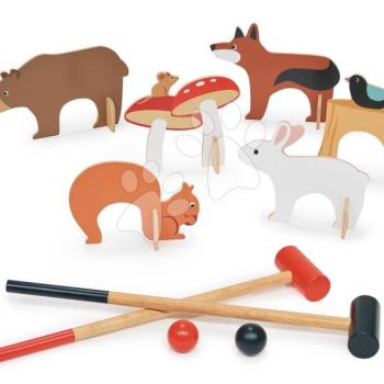 Fa krokett készlet Woodland Indoor Croquet Set Tender Leaf Toys 2 ütő labdákkal és 6 állatformájú kapu vászontáskában kép