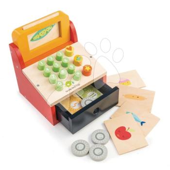 Fa pénztárgép Till with Money Tender Leaf Toys 5 élelmiszerrel és fizetőeszközzel kép