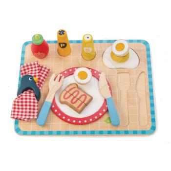 Fa tálca reggelivel Breakfast Tray Tender Leaf Toys 12 darabos készlet tányérral és evőeszközökkel kép