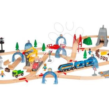 Fa vonatpálya és elektronikus vonat World Train Set Action Tunnel Deluxe Set BRIO hanggal fénnyel és alkalmazásra csatlakoztatható interaktív alagúttal 91 részes kép