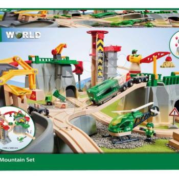 Fa vonatpálya mágneses daruval a hegyekben Cargo Mountain Set BRIO 49 részes teher lifttel vonattal helikpterrel kisautóval és 2 figurával kép
