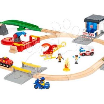 Fa vonatpálya mentőcsapattal Rescue Team Train Set BRIO 38 részes mentőautó hanggal fénnyel és rendőrautó állomással és 3 figura kép