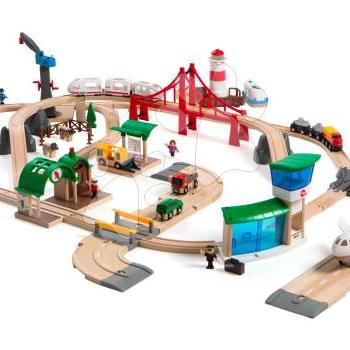 Fa vonatpálya reptérrel és kikötővel Deluxe World Railway Set BRIO hanggal fénnyel 106 részes hajóval repülőgéppel és működő daruval kép