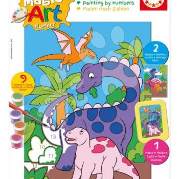 Festés számok szerint Dínók világa Magic Art Number Dinosaurs Educa 2 kép kerettel és 9 szín ecsettel és palettával 6 évtől kép