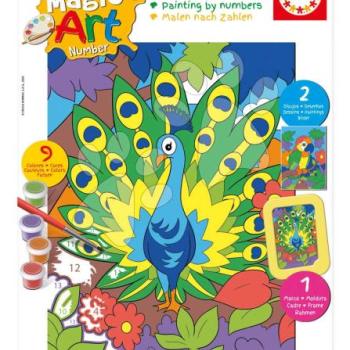 Festés számok szerint Papagáj és páva Magic Art Number Peacock & Parrot Educa 2 kép kerettel és 9 szín ecsettel és palettával 6 évtől kép
