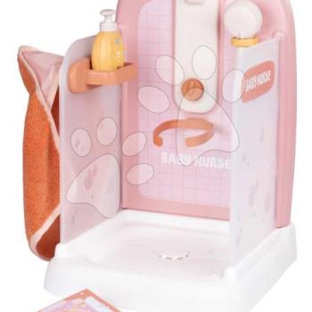 Fürdőszoba működő zuhanyzóval játékbabának Shower Soft Baby Nurse Smoby törölközővel, levehető zuhanyfejjel és oktató füzetkével kép