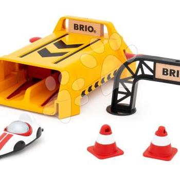 Indító rámpa kisautóknak Roll Racing Launcher BRIO sárga és fehér versenyautók bólyákkal és céllal kép