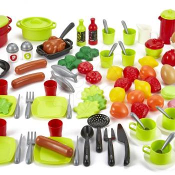 Kiegészítők főzéshez játékkonyhába 100% Chef Écoiffier 100 darabos készlet gyümölcsök, zöldségek és élelmiszerekek edényekkel 18 hó-tól kép
