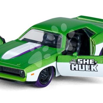 Kisautó Playmouth Barracuda 1973 Marvel Jada fém nyitható ajtókkal és She-Hulk figura hossza 13,5 cm 1:32 kép