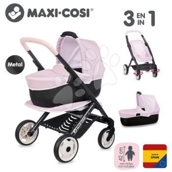 Kombinált babakocsi Puschair Pink Maxi Cosi&Quinny Smoby mály sportos és horodzható mózeskosár 42 cm játékbabának 64 cm tolókarral kép