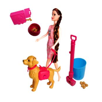 Kutyasétáltató Barbi zacskós kutyatáppal, etetőtálkával, kutyapiszokkal, szemetessel és lapáttal (BBMJ) kép