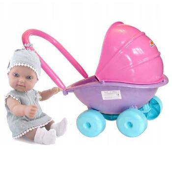 Műanyag játék babakocsi lecsukható árnyékolóval – járássegítő játék és baba kiegészítő kislányoknak vidám színekben - 41 x 30 x 44 cm (BBJ) kép
