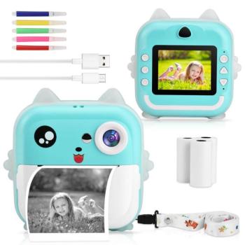 Nyomtatós gyermek fényképezőgép - játék kamera ajándék filctollakkal, cica mintával és beépített játékokkal (BBJ) kép