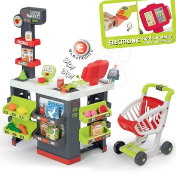 Smoby játékbolt bevásárlókocsival Supermarket piros elektronikus pénztárgéppel és vonalkódolvasóval, mérleggel 42 kiegészítővel 350213 kép