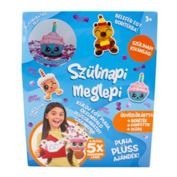 Szülinapi üdvözlőkártya plüss figurával, 12 féle kép