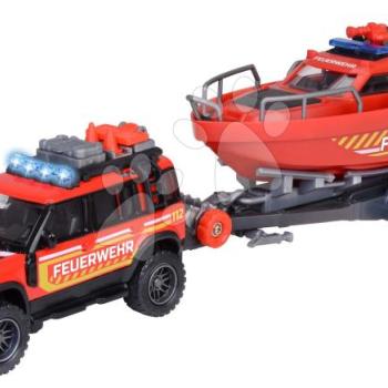 Tűzoltókocsi utánfutóval és mentőhajóval Land Rover Fire Rescue Majorette fém hanggal és fénnyel 33,5 cm hosszú kép