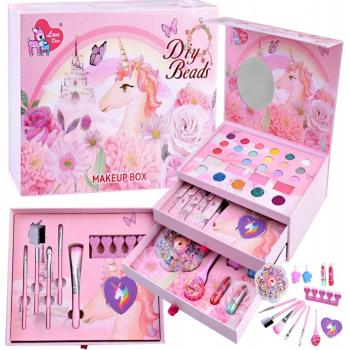 Unikornisos gyerek smink- és ékszerkészlet lányoknak – mosható smink, tükörrel, körömlakkal és gyöngyfűző szettel, 3 fiókos tárolóban (BBJ) kép