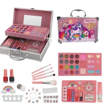 Unikornisos gyerek sminkkészlet fém tárolódobozban – 46 részes ragyogó kozmetikai szett, kreatív játék és ajándék kislányoknak (FX) (BBJ) kép