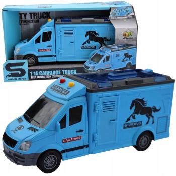 Világító és zenélő, lószállító kocsi kinyitató ajtókkal és játék lóval - 25 x 11 x 8 cm - kék (BBMJ) kép