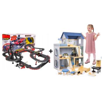 Akciós szett Autodráha Gigant 1420cm + Roxana babaház bútorokkal és kiegészítőkkel XL 78cm 15db + LED világítás kép