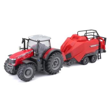 Bburago 1:50 mezőgazdasági traktor Massey Ferguson 8740S + bálázó emelő Rood
