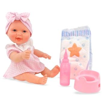 Berjuan pisilős lány játékbaba rózsaszín kockás ruhában 30 cm-es kép