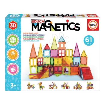 Építőjáték 3D mágneses nagy Magnetics Building Tiles Educa 61 színes átlátszó elem kép