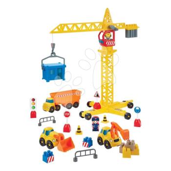Építőjáték daruval és munkagépekkel Public Works Abrick Écoiffier 3 kisautó és 2 figura