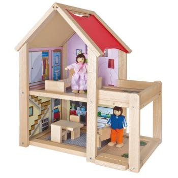 Fa babaház Doll's House Eichhorn komplett bútorokkal és 2 figurával 41 cm magas kép