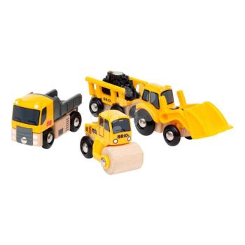 Fa építőipari járművek Construction Vehicles BRIO teherautó homlokrakodóval és úthengerrel kép