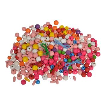 Fa fűzhető gyöngyök Wooden Bead Set in Bucket Eichhorn különböző színekben és formákban madzaggal és végződéssel 360 darabos 4 évtől kép