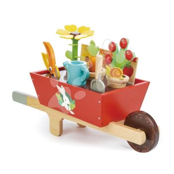 Fa talicska kerti szerszámokkal Garden Wheelbarrow Tender Leaf Toys 13 részes virágtartók locsolókannával és növényekkel kép