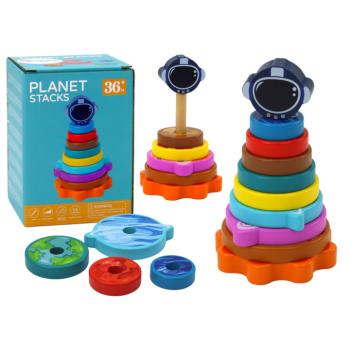Fából készült puzzle-piramis bolygókkal és kozmosszal, 10 részes kép