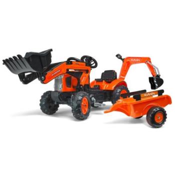 Falk pedálos traktor 2065N Kubota backhoe rakodóval, rotációs kotróval és pótkocsival kép