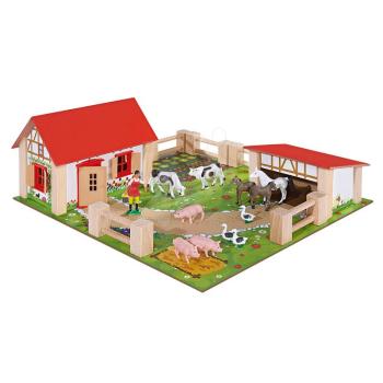 Farm fából állatokkal Farmyard Small Eichhorn két épülettel és udvarral 21-részes kép